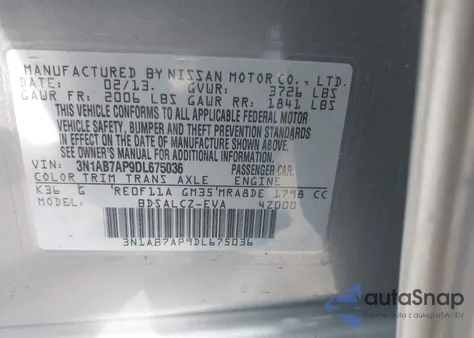 2013 Nissan Sentra S z USA, uszkodzony, nr VIN 3N1AB7AP9DL675036